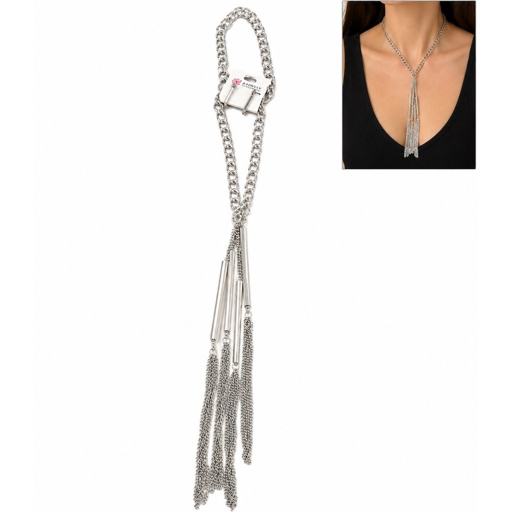 And lovely Necklace Silver polished Statement Lariat Y Tassel Fringe Bar Pendant